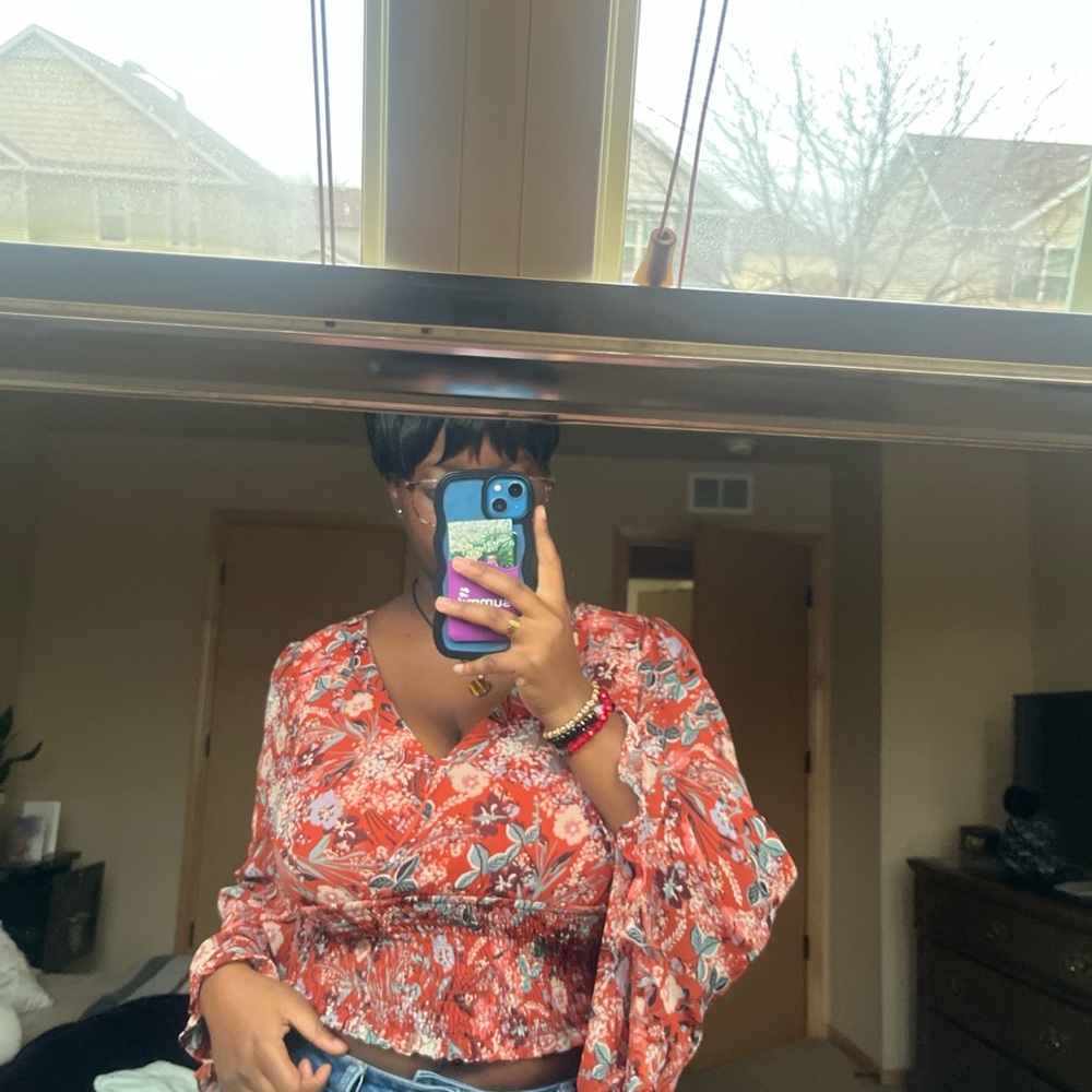 A red floral bell sleeve blouse #floralblouse #woman #croptop
